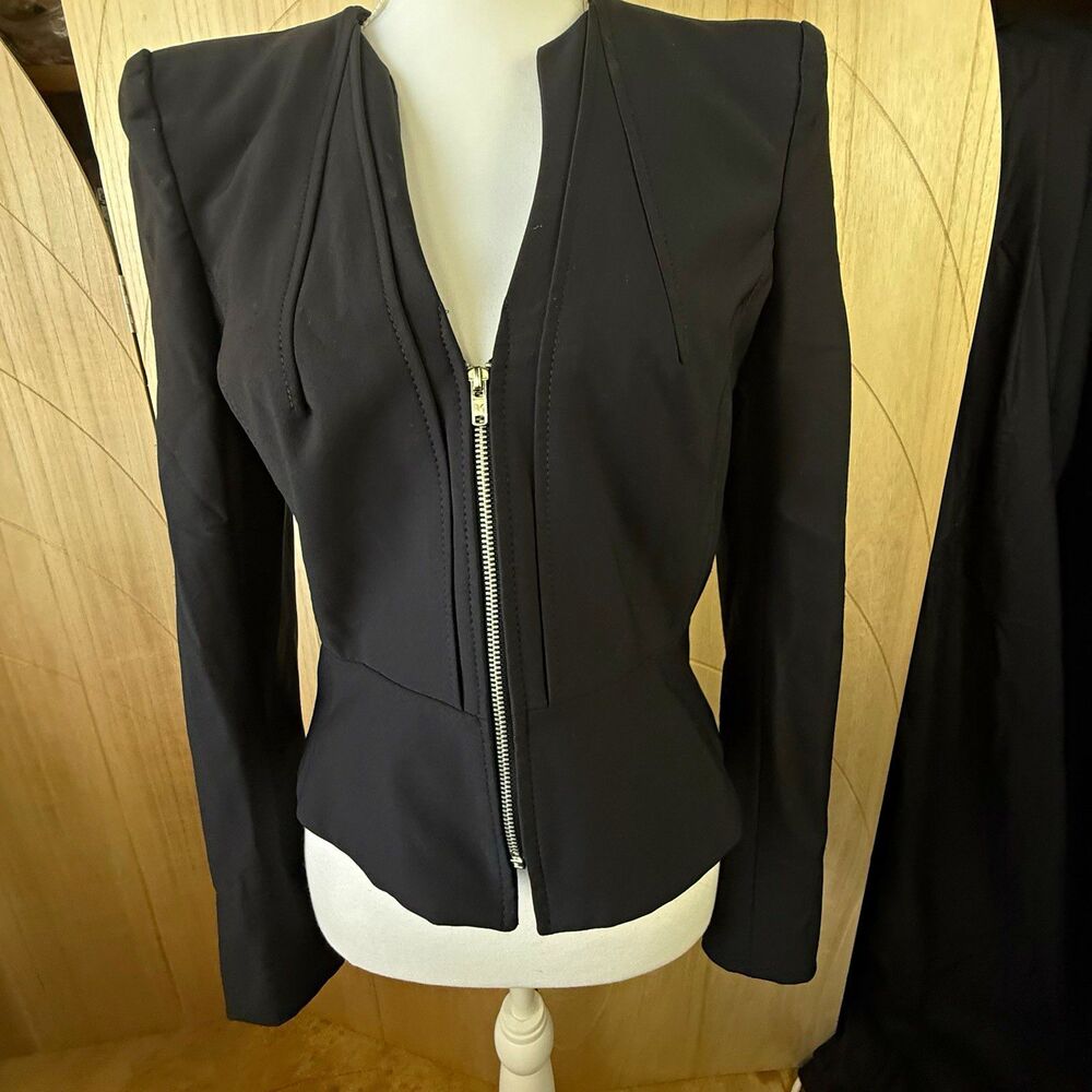 ASOS Black Zip Front Peplum Blazer Jacket Size 6 Office  Corporate Goth Tailored